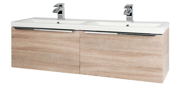 Furniture & Mirrors Kore 1200mm Wall Mounted Drawer Unit & Twin Ceramic Basin - Sonoma Oak H 375 X W 1200 X D 355