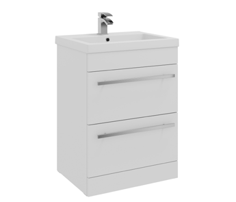 Furniture & Mirrors Purity 600mm Floor Standing 2 Drawer Unit & Mid Depth Ceramic Basin - White Gloss H 855 X W 600 X D 450