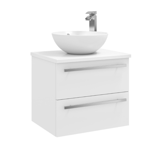 Furniture & Mirrors Purity 600mm Wall Mounted 2 Drawer Unit With Ceramic Worktop & Sit On Bowl - White Gloss H 500 X W 600 X D 450 (Excluding Basin)