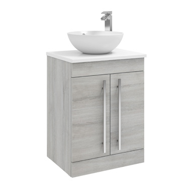 Furniture & Mirrors Purity 600mm Floor Standing 2 Door Unit With Ceramic Worktop & Sit On Bowl - Grey Ash H 855 X W 600 X D 450 (Excluding Basin)