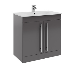 Furniture & Mirrors Purity 800mm Floor Standing 2 Door Unit & Ceramic Basin - Storm Grey Gloss H 855 X W 800 X D 450