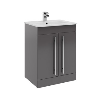 Furniture & Mirrors Purity 600mm Floor Standing 2 Door Unit & Ceramic Basin - Storm Grey Gloss H 855 X W 600 X D 450