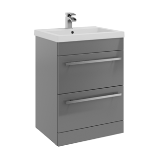 Furniture & Mirrors Purity 600mm Floor Standing 2 Drawer Unit & Mid Depth Ceramic Basin - Storm Grey Gloss H 855 X W 600 X D 450