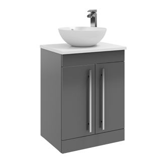 Furniture & Mirrors Purity 600mm Floor Standing 2 Door Unit With Ceramic Worktop & Sit On Bowl - Storm Grey Gloss H 855 X W 600 X D 450 (Excluding Basin)