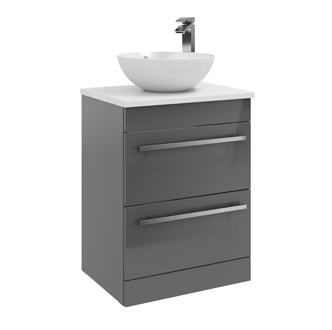 Furniture & Mirrors Purity 600mm Floor Standing 2 Drawer Unit With Ceramic Worktop & Sit On Bowl - Storm Grey Gloss H 855 X W 600 X D 450 (Excluding Basin)