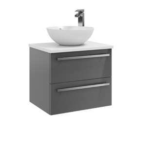 Furniture & Mirrors Purity 600mm Wall Mounted 2 Drawer Unit With Ceramic Worktop & Sit On Bowl Storm Grey Gloss H 500 X W 600 X D 450 (Excluding Basin)